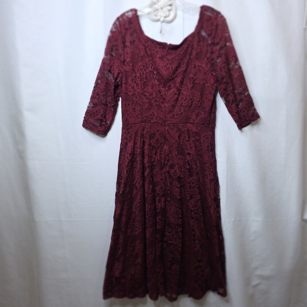 DRESSYSTAR Midi A-line Dress Lace Overlay Fit and Flare Burgandy 3/4 Sleeves XL